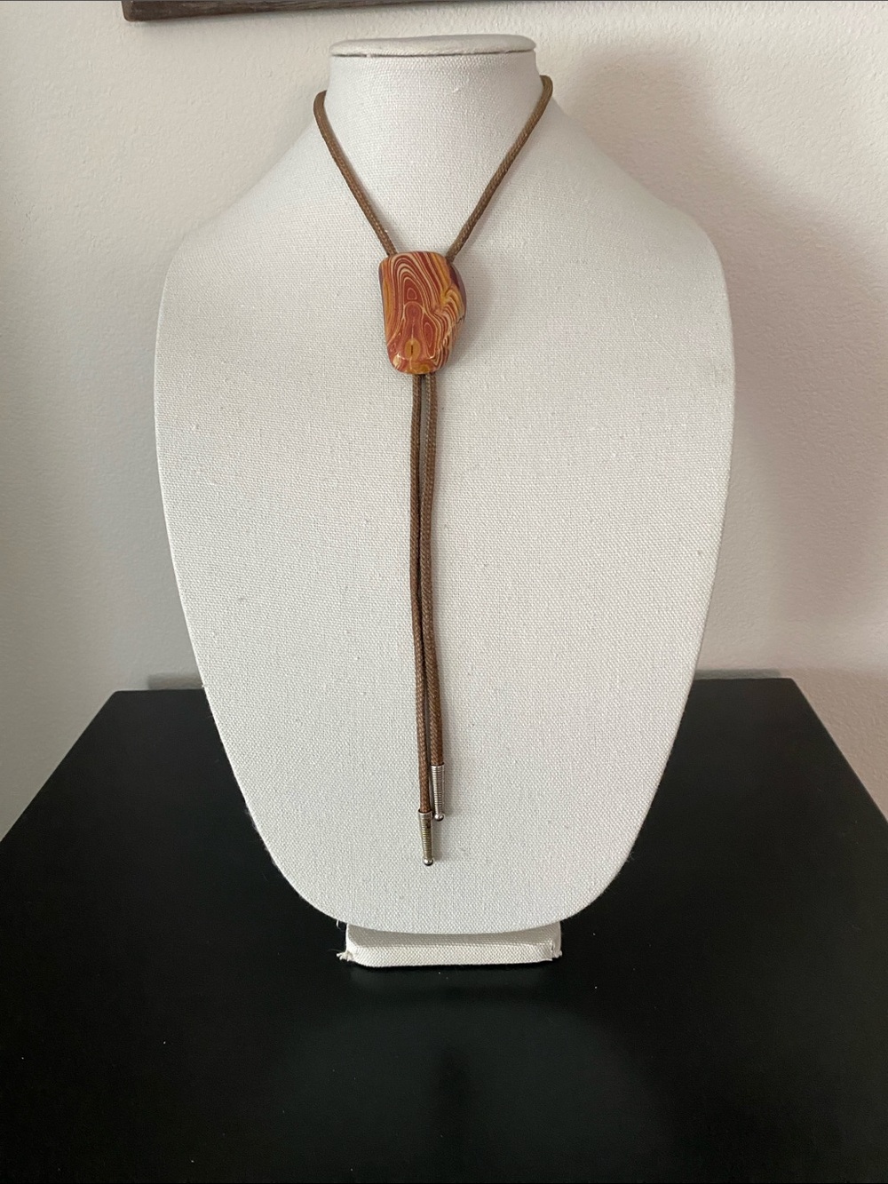 Handcrafted Vintage Brown Cord Bolo Tie with Jasper